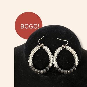 Beaded Earrings Dangle Teardrop Shape Clear Black Sparkly Beads Silver Tone